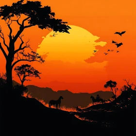 Orange Sunset with Wildlife Silhouettes