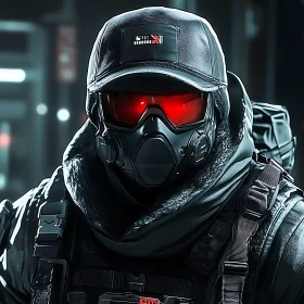 Masked Tactical Character with Glowing Red Lenses