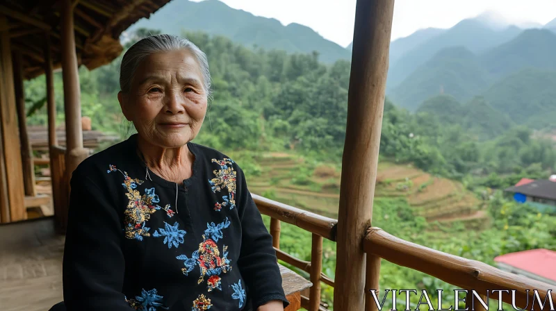Old Woman with Floral Embroidery Top