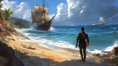 Man on Beach Watching Ship