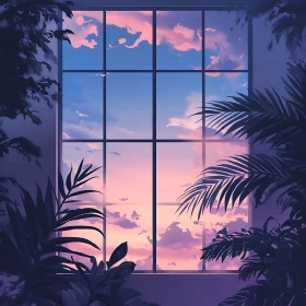 Pastel Sky Window with Tropical Plants