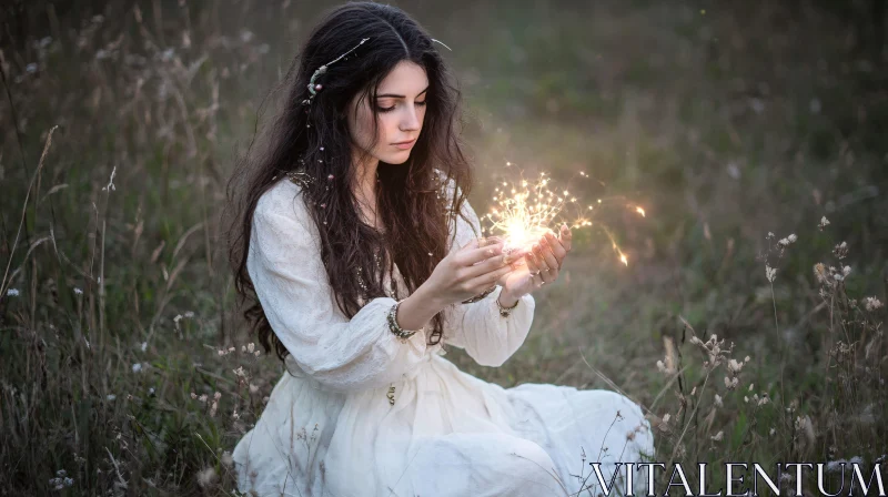 Woman Holding Sparkles in Field