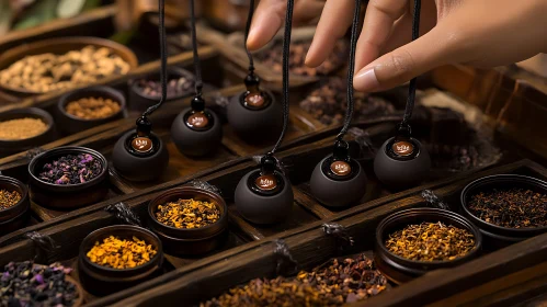 Aromatic Tea Pendants Displayed in Wooden Tray