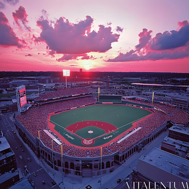 Aerial View of Baseball Stadium at Sunset