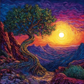 Colorful Tree Sunset Mountain Vista
