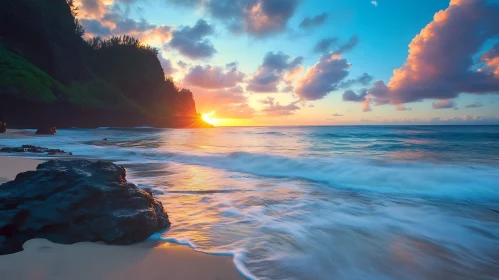 Seascape at Sunset with Waves and Rocks