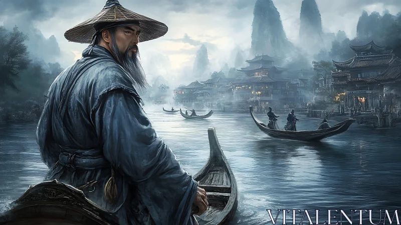 Tranquil Waterside Scene with Figure