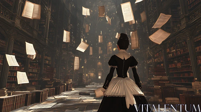 Vintage Library with a Woman and Books
