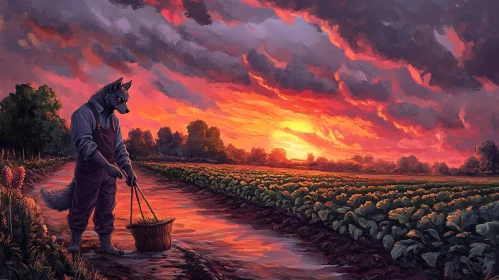Sunset Field with Wolf Farmer