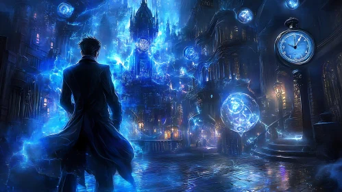 Magical Cityscape with Man and Clock