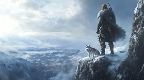 Icy Mountain Vista with Warrior and Wolf