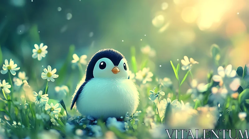 Penguin Chick in Floral Paradise AI Image