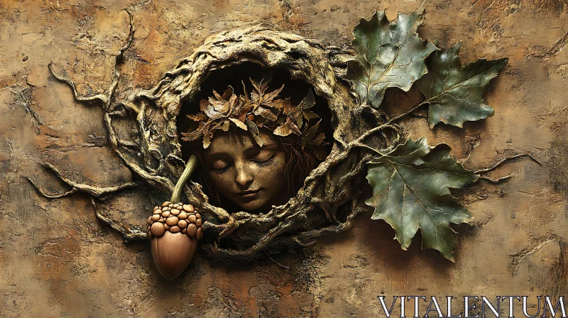 Sculpted Portrait with Leaves and Acorn