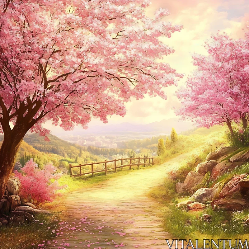 Idyllic Path Through Cherry Blossoms at Dusk