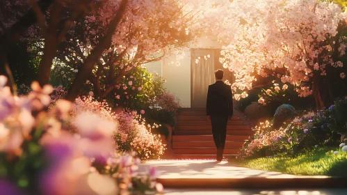 Man Walking Through Blossoming Garden