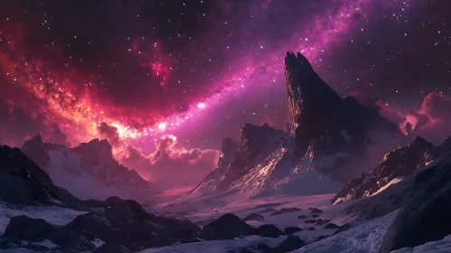 Pink Starry Night Over Snowy Peaks
