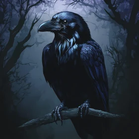 Midnight Raven Perched on Branch