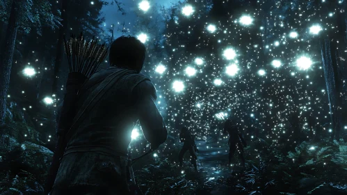 Mystical Night Forest with Glowing Lights