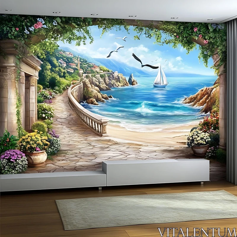 Tranquil Beach and Flower Path Artwork AI Image