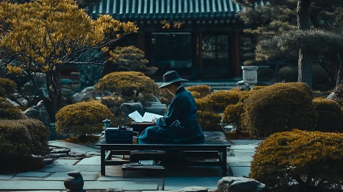 Man Writing in Tranquil Garden Setting