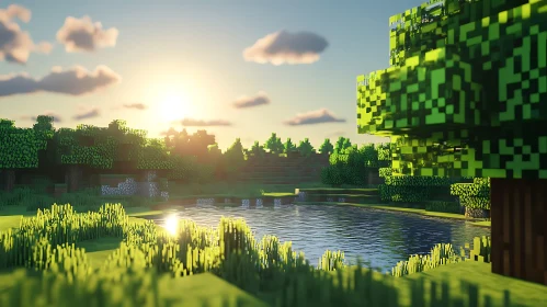 Blocky Sunset Over Lake
