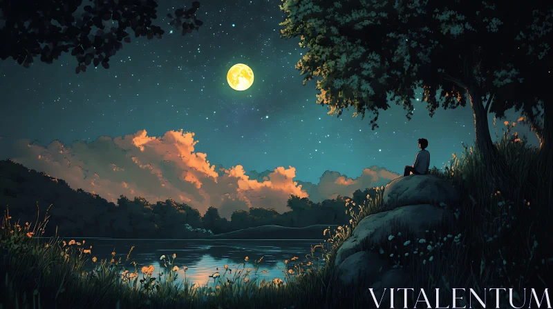 Peaceful Night Landscape with Full Moon