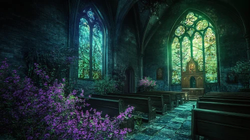 Mystical Church Interior with Purple Flowers