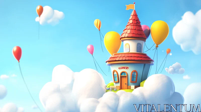 Floating Cartoon House with Balloons
