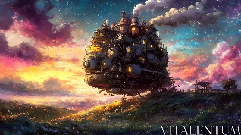 Fantasy Steampunk Castle Over Green Hill