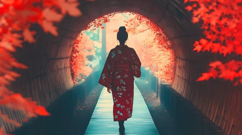 Red Kimono Under Autumn Canopy