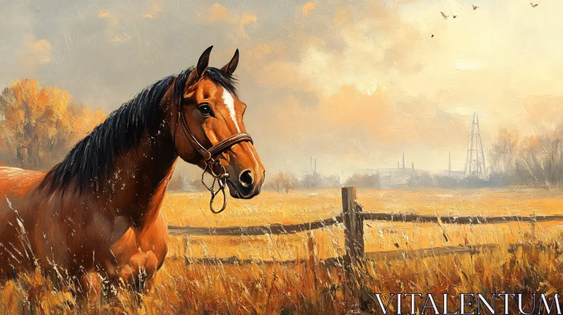 Horse in Golden Fields AI Image