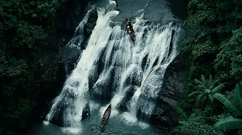 Canoeing in a Lush Forest Waterfall Scene