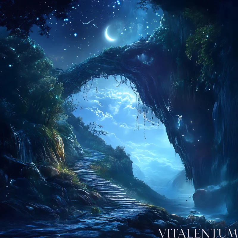 Night Landscape with Moon and Stairs AI Image