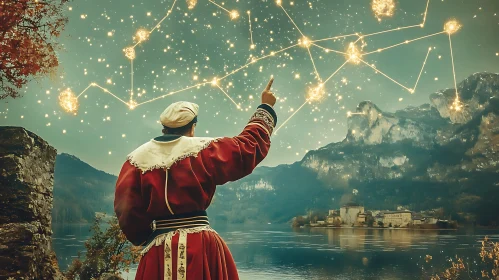 Man Points to Constellation over Lake