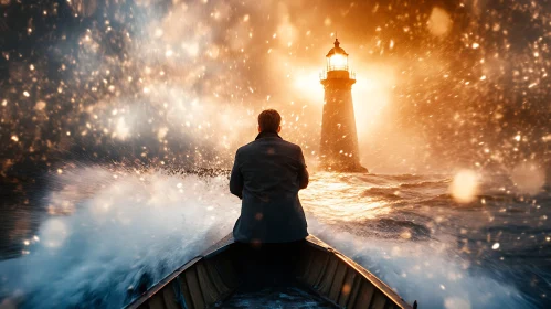 Man in Boat Facing Lighthouse