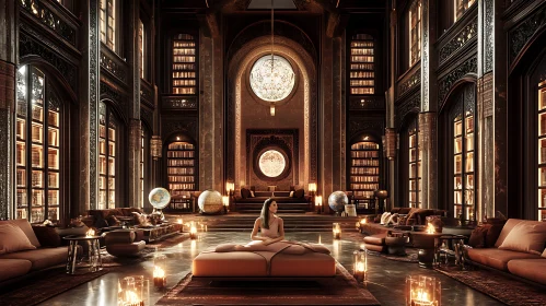 Opulent Library Room with Chandeliers and Leather Sofa