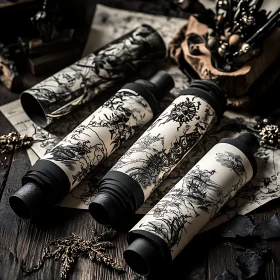 Monochrome Map Scrolls on Wooden Table