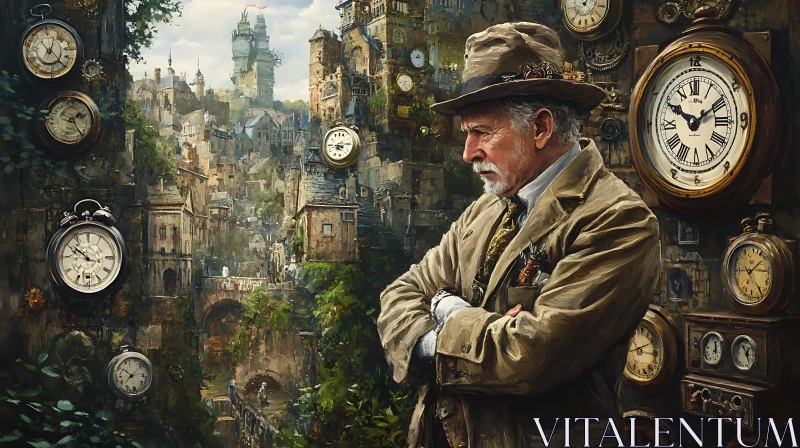 Man in Steampunk City with Clocks