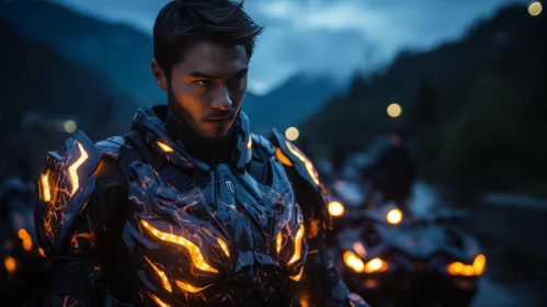 Armored Man on Mountain with Motorcycle: A Luminous Portrait
