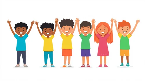 Group of Joyful Kids Raising Hands