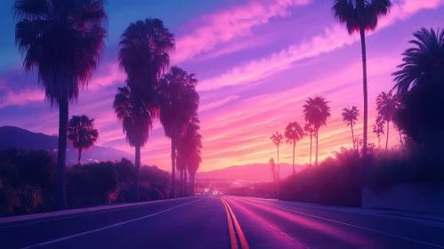 Palm Trees Road at Sunset