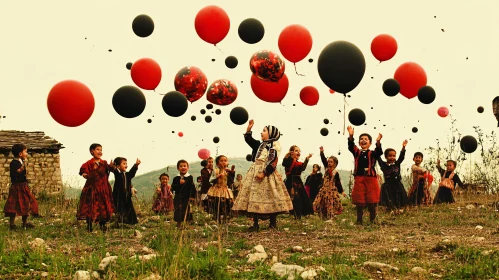 Kids Celebrate with Balloons Outdoors