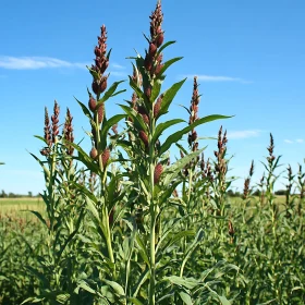 Lush Green Field with Reddish-Brown Seed Heads
