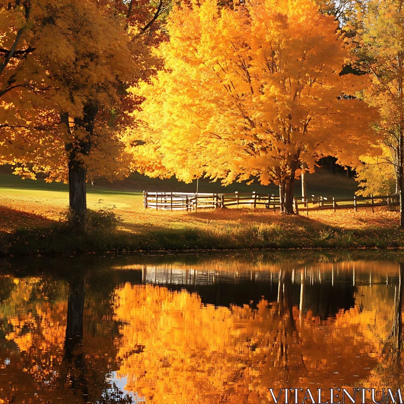 Autumn Trees Reflected in Calm Pond