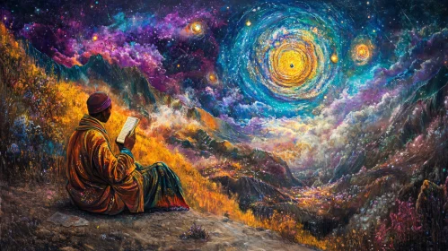 Man Reading Under Galaxy Painting