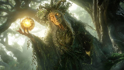 Mystical Forest Witch Holding Magic Orb
