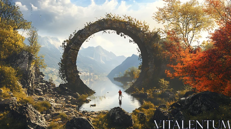 Person Under Stone Arch in Autumn Landscape