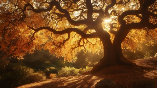 Sunlit Tree in Autumnal Landscape