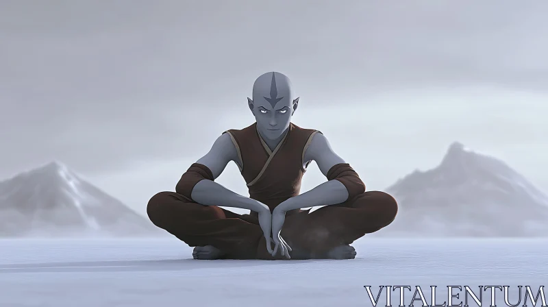 Meditative Monk in Winter Landscape