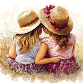 Two Girls with Straw Hats in Field